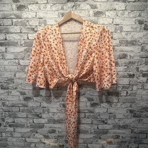 EUC Women's Generic Orange Floral Tie-Front Blouse Size XXL